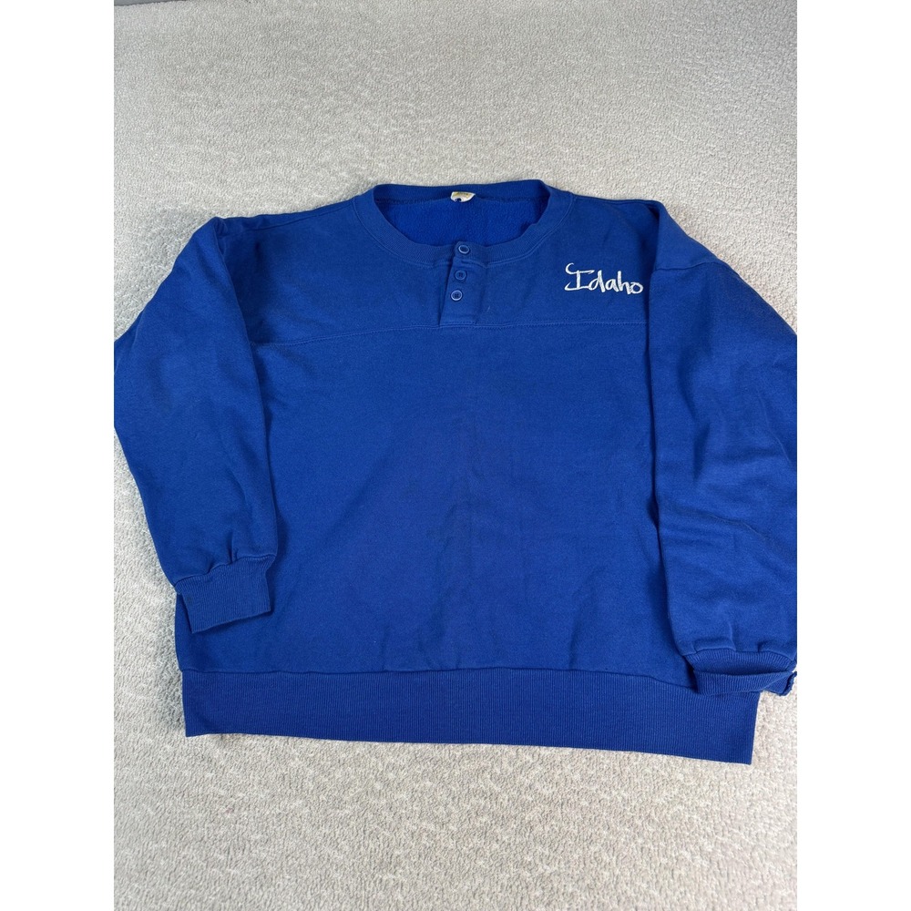 Vintage Velva Sheen Idaho Sweater Mens XL Blue Pullover Crewneck Embroidered 90s